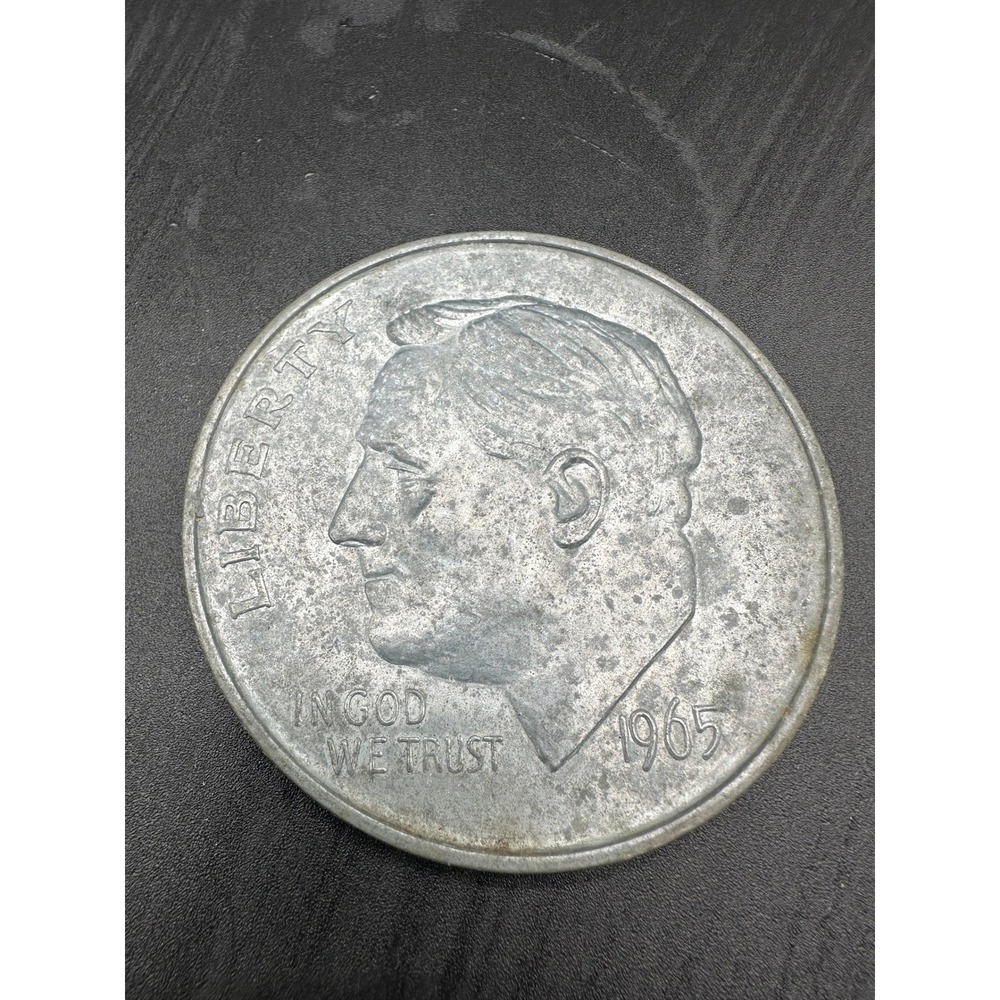 Oversized 1965 Roosevelt Dime 3 Inch Novelty Coin Aluminum Display Replica Decor